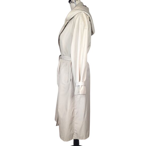 90s Vintage Mervyn's Partner Petites Trenchcoat Lined Hooded Tan Red Plaid Trim - Picture 3 of 16